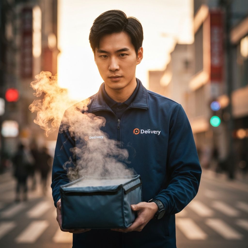 Driver holding a hot delivery bag