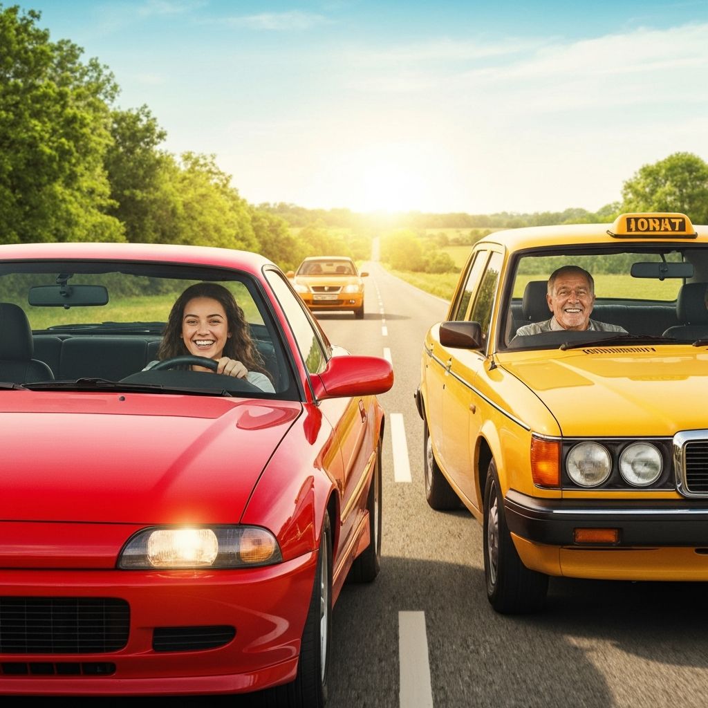 Drivers gathering together and smiling beside their vehicles