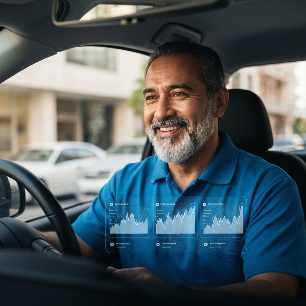 Driver smiling while checking earnings on the Fairbite app